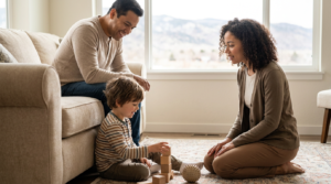 A young child around 4 years old sits on a rug in a warm living room stacking wooden blocks while a smiling father sits nearby on a couch and a female therapist kneels at the child’s level, with soft daylight and a faint mountain view through the windows.