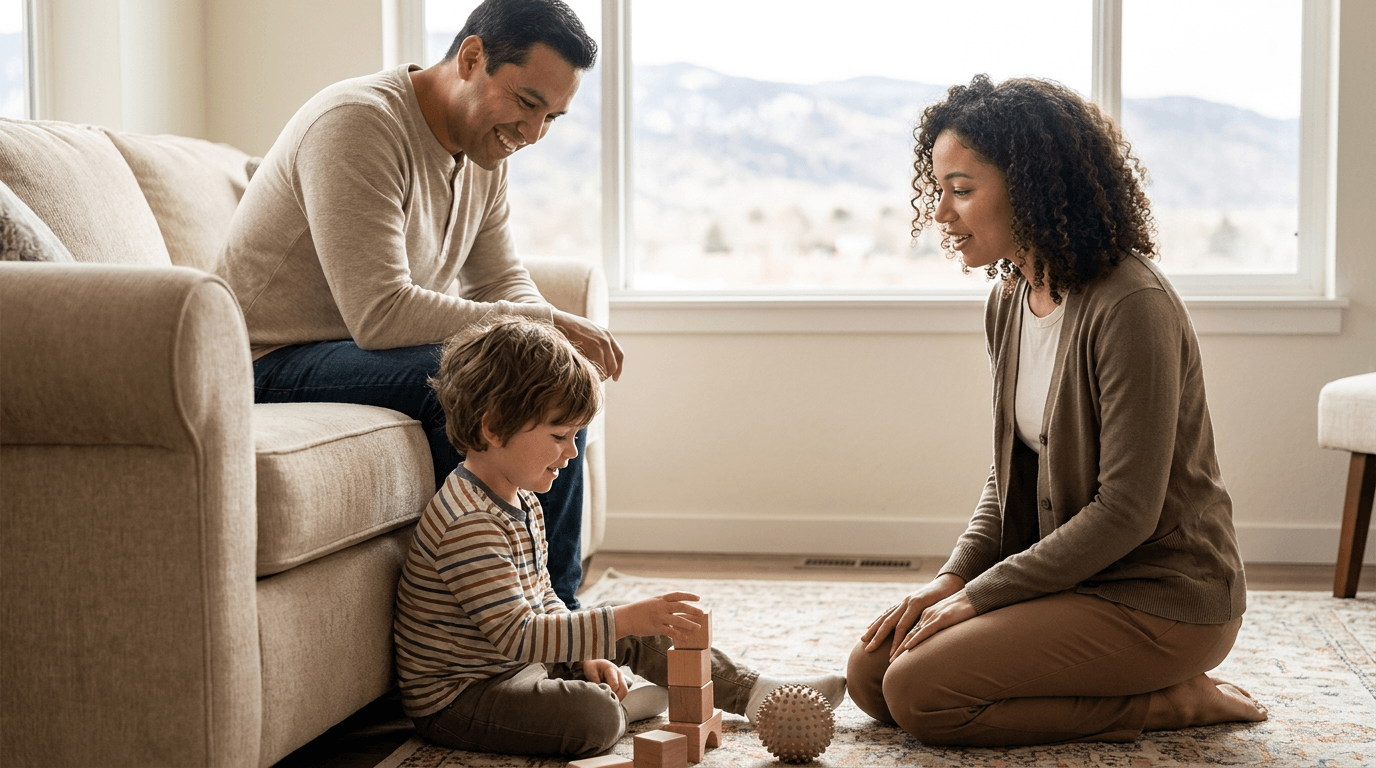 A young child around 4 years old sits on a rug in a warm living room stacking wooden blocks while a smiling father sits nearby on a couch and a female therapist kneels at the child’s level, with soft daylight and a faint mountain view through the windows.