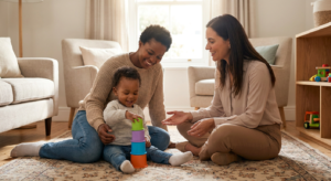 A toddler around age 2 sits on a rug in a warm living room stacking colorful cups while a smiling parent and a female therapist sit close by, watching and encouraging the play.