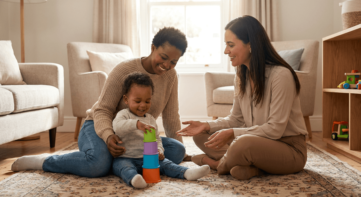A toddler around age 2 sits on a rug in a warm living room stacking colorful cups while a smiling parent and a female therapist sit close by, watching and encouraging the play.