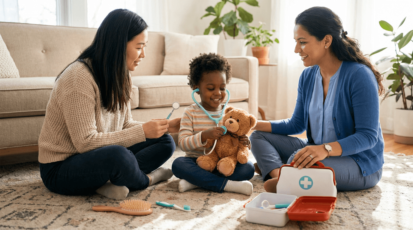 A smiling young child about 4 to 5 years old sits on a living room rug with a teddy bear while a parent and a female therapist sit nearby, using a toy doctor kit, toothbrush, and hairbrush to practice calm care routines in a warm home setting.