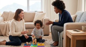 A mother, a preschool child around 3 to 4 years old, and a female therapist sit together in a warm living room, smiling and building with wooden blocks on a play mat, with a phone and paperwork nearby and soft mountain scenery visible through the window.