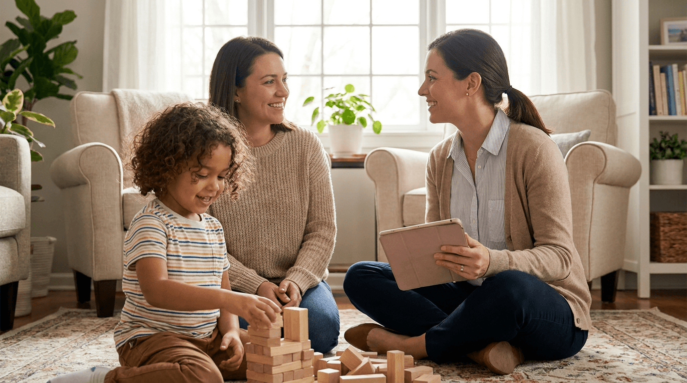 A preschool-age child stacks wooden blocks on a rug in a bright, cozy living room while two adult women sit nearby smiling; one appears to be a parent and the other a therapist holding a tablet, with beige chairs, soft window light, and houseplants in the background.