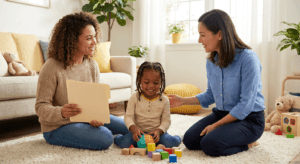 A young child around 3–4 years old stands on a step stool in a warm home kitchen-living space, pointing toward two snack options while smiling at a kneeling parent who offers support at the child’s eye level.