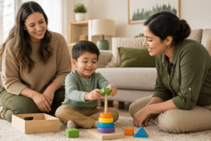 A preschool-age child sits on a living room rug stacking colorful toys with a female therapist while a parent sits nearby, all engaged in a calm, warmly lit home setting with simple green and tan accents.