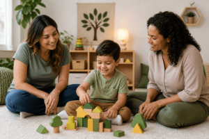 A young child about 3 to 4 years old sits on a soft rug in a warm, child-friendly therapy playroom, calmly playing with colorful toys while a female therapist and a parent sit nearby at the child’s level, smiling and observing in a supportive first-assessment setting.