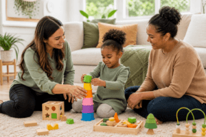 A preschool-age child sits on a living room rug stacking colorful cups with a female therapist kneeling nearby and a parent seated close by in a bright, cozy home setting with soft green and tan accents.