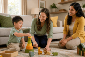 A young child around 3 to 4 years old sits on a living room rug at home, smiling and playing with colorful stacking toys while a female therapist and a caregiver sit nearby at the child’s level, watching and engaging in a calm, supportive interaction in a bright, cozy space.